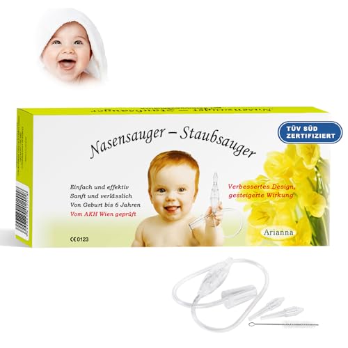 Arianna Baby Nasensauger – DAS ORIGINAL TÜV Süd zertifizierter Nasensekretsauger für Kleinkinder, inkl. Zubehör, sanft & effektiv, klinisch getestet, passend für alle Bodenstaubsauger