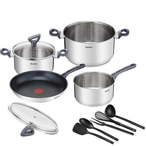 Tefal DAILY COOK Kochgeschirr-Set G713SB | 11tlg. (Stielkasserolle 16cm, Kochtöpfe 20/24cm mit Deckeln, Bratpfanne 28cm, Schneebesen, Schöpfkelle, Löffel, Pfannenwender, Fleischgabel | alle Herdarten