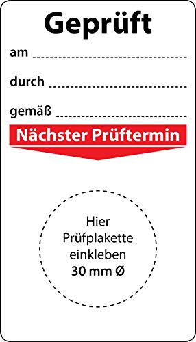 Grundplakette Geprüft am durch gemäß, 100 Stück, 70 x 40 mm, Vinylfolie, selbstklebend, Grundetikett für Prüfplaketten