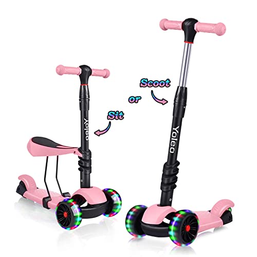 YOLEO 3-in-1 Kinder Roller Scooter mit Abnehmbarem Sitz, LED große Räder, Höheverstellbare Lenker für Kleinkinder Jungen Mädchen ab 2 Jahre(Rosa)