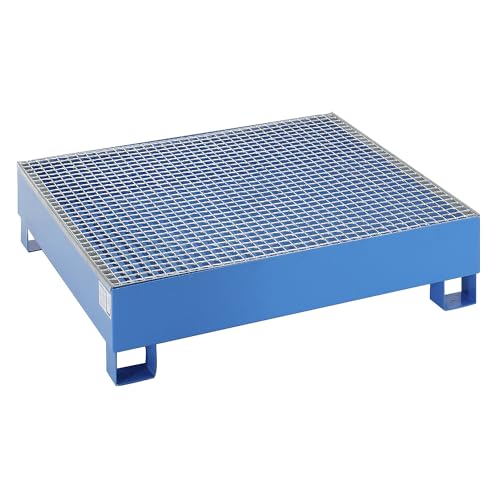 eurokraft | basic | Stahl-Auffangwanne für 200-l-Fässer | LxBxH 1200 x 1200 x 285 mm | ohne Zulassung | blau pulverbeschichtet | mit Gitterrost