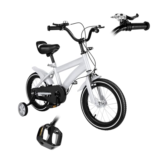 LKHDONG 14 Zoll Kinderfahrrad, für ab 3-7 Jahre Jungen & Mädchen, Höhenverstellbares Ausbildungsfahrzeuge, Fahrrad für Kinder mit Stützräder und Duales Bremssystem (Weiß)