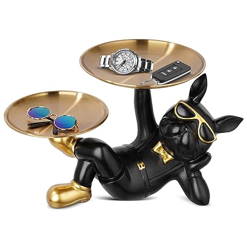 Französische Bulldogge Tablett Deko, Bulldogge Schlüsselschale Schlüssel Aufbewahrungs, Coole Französische Bulldogge Figur mit Tablett, Hunde Skulptur Aufbewahrungsbox für Schlüssel Süssigkeit