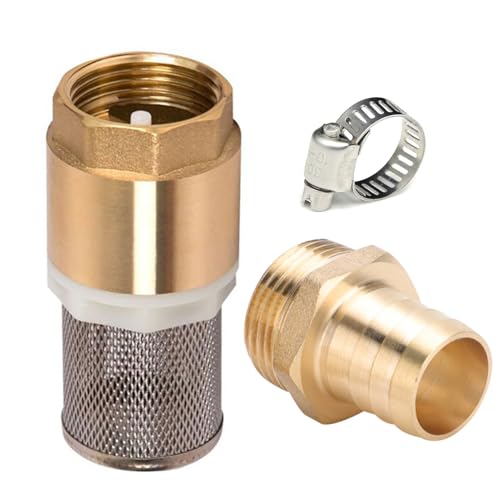 Messing Rückschlagventil 1 Zoll, Saugfilter Set 1", Messing Fußventil mit Rückschlagventil, Saugkorb, Schlauchanschluss und Schlauchschelle (Schraubengewinde 1 Zoll + Schlauchanschluss 19mm)