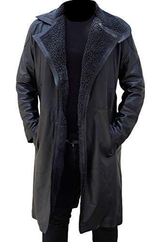 Aksah Fashion Herren Blade Runner 2049 Ryan Gosling Officer K Braun Trenchcoat mit Pelzkragen Leder, Schwarz , L