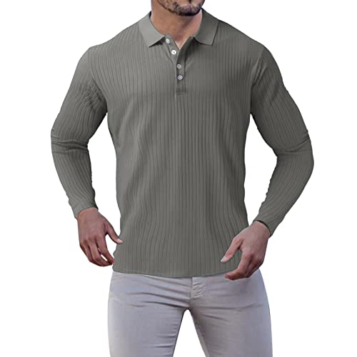 SRZYMJ Poloshirts Herren Lange Poloshirts Kontrastfarbe Ausschnitt Baumwolle Basic T-Shirt Polohemd Sweat t-Shirt Herren Langarm Polo schwarz Baumwolle t Shirt atmungsaktiv Herren Grey XXL