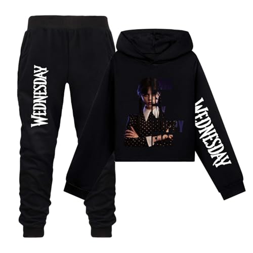 DROLA Wednesday Print Hoodies and Pants Set,Hoodies Sweatshirt Pullover Trainingsanzug Bottoms Casual Outfit Loose für Mädchen Kinder