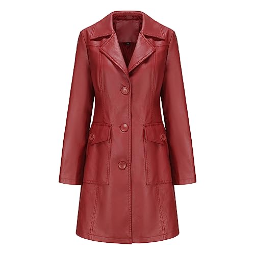 TOKYMOON Lederjacke Damen Lang Elegant Trenchcoat Damen Ledermantel Reverskragen Knöpfen Einfarbige Kunstleder Übergangsjacke Langarm PU Leder Jacke Windjacke Lederjacke Weinrot S