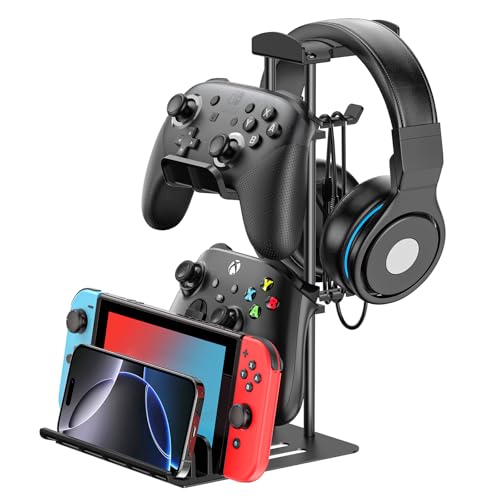 KDD Gaming Headset Ständer, Controller Halter & Kopfhörer Halterung Tisch, Headphone Stand mit Aluminium-Stange, Universaler für Switch iPad Handy (Schwarz)