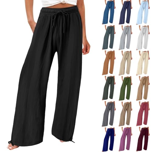 Leinenhose Damen Sommerhose Leicht Haremshos Musselin Hose Leichte Plissee Hose Schlupfhose Anzughose (Black-B, M)