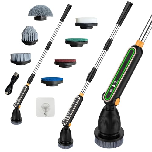Elektrische Reinigungsbürste mit teleskop, Electric Spin Scrubber 7 Austauschbare Bürstenköpfe, 30-130cm Verstellbarer Griff, 120 Min. Laufzeit, Stromschutz, Vielseitig für Bad, Küche und Auto Schwarz