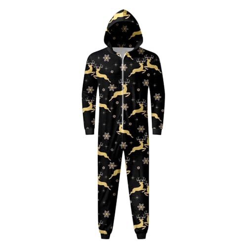 WKAYsIV Familien Pyjama Baumwolle Kinder Jumpsuit Jungen Weihnachten farbigem -Print, Kapuzen-Reißverschluss, Overall (Baby) Pyjama Damen Overall(Schwarz-A,XXL)