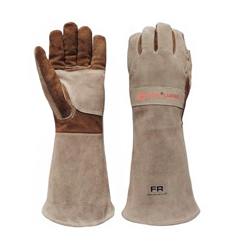 AOUCHI Grillhandschuhe und Schweißhandschuhe aus Rindsleder, langärmelig, feuerfeste und hitzebeständige Kaminhandschuhe für Grill, Schweißen Tig Mig, Kamin, Ofen, Backen, Herd, Topflappen (Medium)
