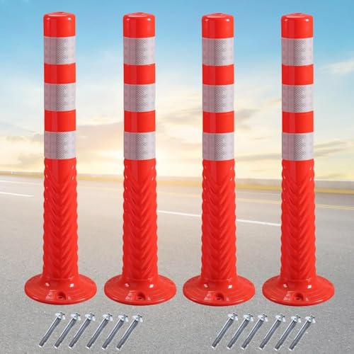 4 Stück Sicherheitspoller aus Kunststoff für den Parkplatz + Befestigungsschrauben, flexibler Parkpoller, reflektierende Verkehrsbarriere für die Auffahrt(Size:75cm (29.5in) Height,Color:Rot Weiß)