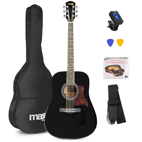 MAX SoloJam Westerngitarre, Akustik Gitarre Set, Acoustic Guitar, Akustikgitarre 4/4 mit Tasche, Plektrum, Stimmgerät, Schultergurt und Stahlsaiten, Anfängergitarre in Schwarz