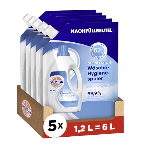 Sagrotan Wäsche-Hygienespüler Himmelsfrische Nachfüller – Desinfektionsspüler für hygienisch saubere und frische Wäsche – 5 x 1,2 l Reiniger im praktischen Vorteilspack