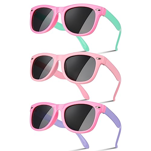 Utensilsto 3 Stück Sonnenbrille Kinder Polarisiert Flexible Sonnenbrille Silikon Rahmen Sonnenbrille Für Jungen Mädchen 4-8 Jahre(Rot+Rosa)