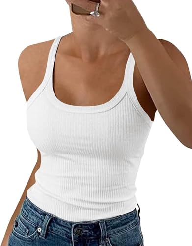 Wenrine Damen Tops Sommer Sexy U-Ausschnitt Gerippt Spaghetti Top Slim Fit Cami Einfarbig(Weiß,L)