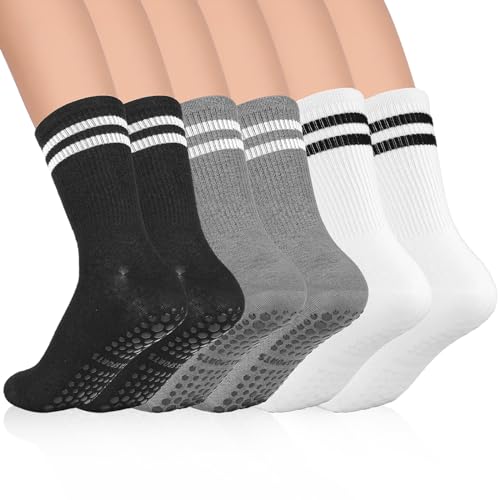 Telooco 3 Paar Pilates Socken Rutschfeste Yoga Socken mit Griffen Tennissocken Lange Griffsocken für Damen Mädchen Streifen Sportsocken Antirutschsocken für Zuhause Sport Workout Fitness