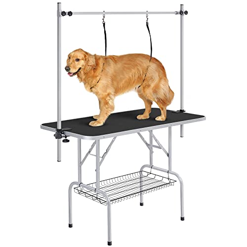 Yaheetech Höhenverstellbar Trimmtisch für Hunde groß, Schertisch mit 2 Galgen, Badezubehör für Hunde, Hundepflegetisch klappbar - 118 x 60 x 177 cm (L x B x H) - Kratzfest, max. Tragelast 120 kg