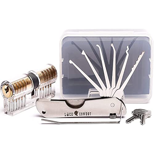 7 teiliges Lockpicking Set profi mit Transparentem Vorhängeschloss | Dietrich Set mit übungsschloss im Kreditkartenformat & Anleitung für Anfänger und Profis | Weihnachtsgeschenke von LockCowboy