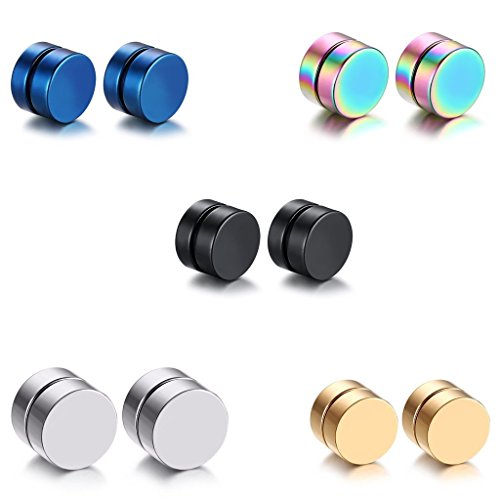 5 Paare 8mm Titan Edelstahl Herren Magnet ohrringe Fake Plug Ohrringe Rund Magnet Ohrstecker für Herren Damen Ohrringe Clips Tunnel Non-Piercing Punkstil Schwarz,Silber, Regenbogen, Gold, Blau MEHRWEG