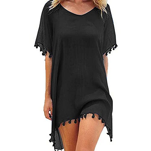 FFWTPY Damen Strandkleid, Chiffon Sommer Strandponcho, Badeanzug Bikini Cover-Ups mit Quasten, Boho Strandtunika, Transparent Strandurlaub Badeanzug, Bikini Beachwear (schwarz)