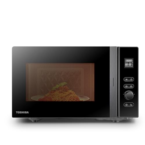 Toshiba MV-AM20T(BK) Mikrowelle/Solo-Mikrowelle/ 20 L/ 800 W/ 5 Leistungsstufen/ 12 Automatikprogramme/Emaille Innenraum/einfach zu reinigen/Auftaufunktion/Glasdrehteller (24,5 cm) /Schwarz