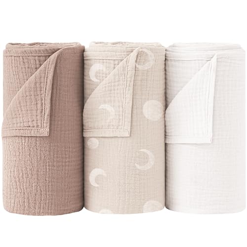 Bearmoss Baby Pucktuch Musselin Decke 100% Baumwolle Dünne Atmungsaktive Babydecke Baby Swaddle Decke Tücher für Junge und Mädchen 3 Stück 96x102cm (Mond)