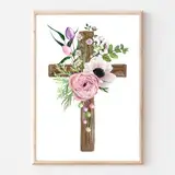 Din A4 Kunstdruck ohne Rahmen - Kreuz mit Blumen - Kruzifix - Gott Glauben - Christliches Bild - Kirche Religion Aquarell Druck