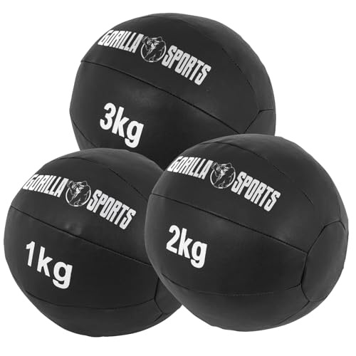 GORILLA SPORTS® Medizinball - 1kg, 2kg, 3kg, 4kg, 5kg, 6kg, 7kg, 8kg, 9kg, 10kg Gewichte, Einzeln/Set, 29cm, aus Leder, Schwarz - Trainingsball, Fitnessball, Gewichtsball, Slam Ball