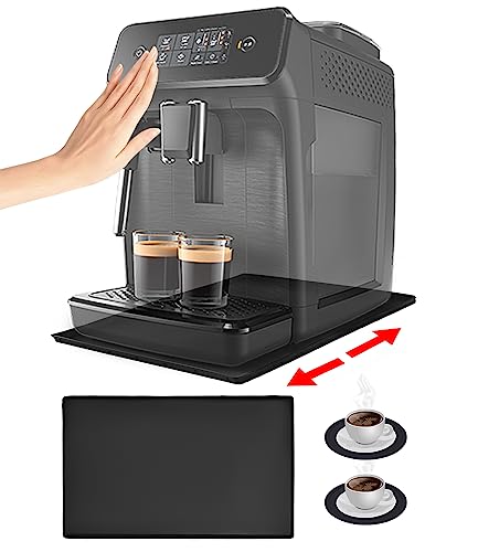 Xespis Unterlage Kaffeemaschine, Silikonmatte mit Rand, 47 x 29 cm, Kaffeevollautomat Unterlage, Anti-Rutsch und Wasserdicht, Unterlage für Kaffeemaschine, Küchenmaschine + 2 Stück Untersetzer,Schwarz