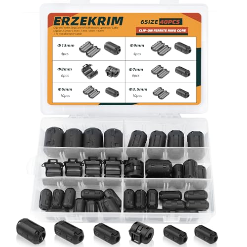 Erzekrim 40 Stück Ferritkerne Ferritfilter Ferrit Ringkern Kabel Clip Set 6 Verschiedene Größen Klappferrit Schwarz für Kabel RFI, EMI, 3 mm, 5 mm, 7 mm, 9 mm, 13 mm Innendurchmesser (Schwarz)