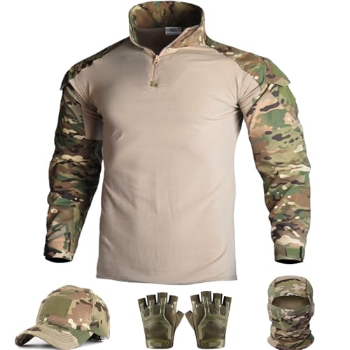 SANYETS Taktisches Camouflage-Shirt für Herren, langärmelig, Mütze, Handschuhe, Sturmhaube und 1/4-Reißverschluss, Militär-Oberteil, Airsoft-Ausrüstung, Longshirt-MC, X-Large