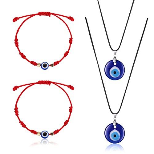 Yolev 4 Stück Evil Eye Halskette mit Evil Eye Armband Set 2 Amulett Glücksarmband mit Karten 2 Evil Eye Anhänger Halskette Türkei Blau Evil Eye Necklace Damen Herren Jungen Nazar Kette