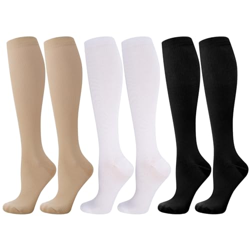 Utensilsto 3 Paare Kompressionsstrümpfe, Stützkniestrümpfe Compression Socks Lange kompressionssocken mit 15-25Mmhg Reisestrümpfe Stützstrümpfe für Damen Herren Laufen, Sport, Flug, Reisen,L/XL