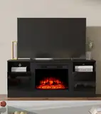 M.C.Haus Elektrischer Kamin mit TV-Ständer, 58.8cm Kamin, für bis zu 143.9 * 80cm TV, Modernes Holzstruktur Entertainment Center mit LED Licht, Highlight Schrank und Glasfront, 147.3cm, Schwarz