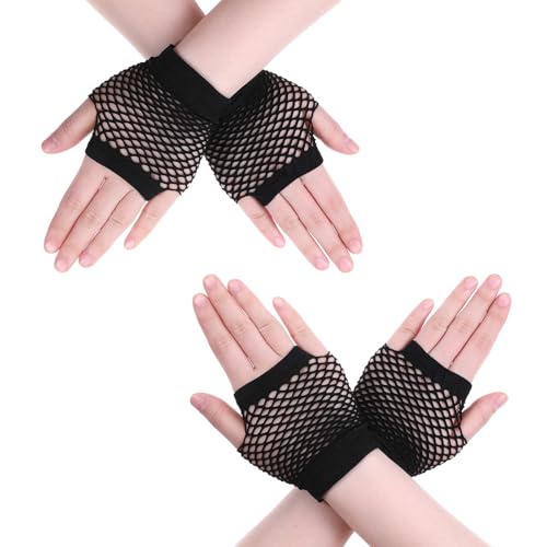 Lnngub 4 Stück/2 Paar Netzhandschuhe, Schwarze Vintage Fischnetz Handschuhe für Damen Kurz Elastische Fingerlose Netzhandschuhe für Weihnachten, Kostümpartys und Cosplay Zubehör (9 x 8 cm)