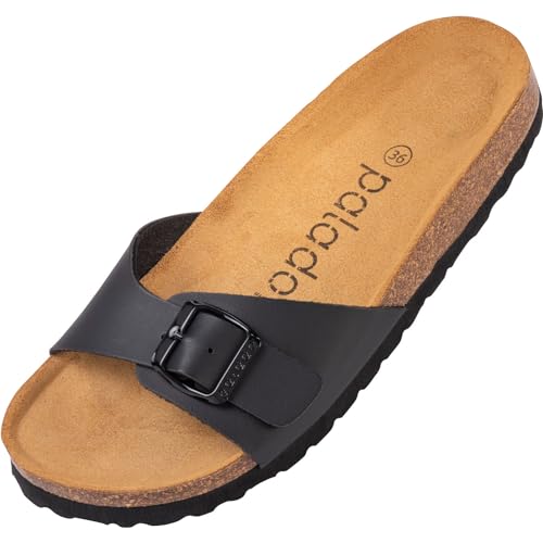 Palado Damen Pantoletten Malta - extra Bequeme Sandalen - modische Hausschuhe mit Natur Kork - Made in EU - Sandaletten mit Sohle aus feinstem Natur Leder Basic Matt Schwarz 39 EU