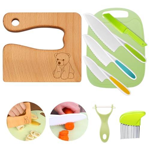 Kindermesser 8-teiliges Kinder-Küchenmesser-Set zum Schneiden und Kochen von Obst oder Gemüse für Kleinkinder, inklusive Holzmesser Schneidebrett Schäler(Bear)
