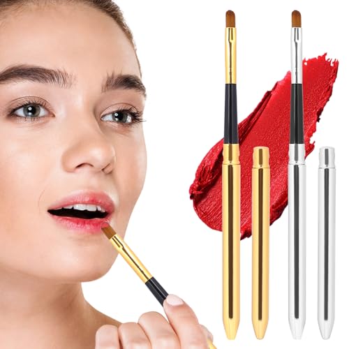 2 Stück Lippenpinsel mit Kappe, Mini-Lippenpinsel-Applikator Flach für Glanzcreme Professioneller Lippenstiftpinsel Concealer Pinsel Wiederverwendbar Make-up-Werkzeuge für Frauen (Gold, Silber)