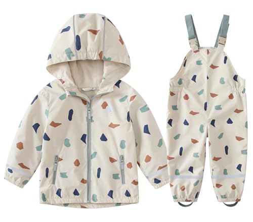 DAWILS Mädchen Regenjacke Regenhose Kinder Zweiteiliger Regenanzug Set Jungen Regenjacken Regenlatzhose Mäntel Baby Matschhose Regenbekleidung Wind- und Wasserdicht Bekleidungsset Geometrische 86