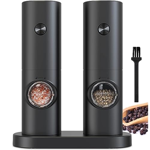 COKUNST Elektrische Salz und Pfeffermühlen Set, Batteriebetrieben Schwarze Pfeffermühle mit Basis, 5 Grobstufen Verstellbar, Automatisches Mahlen mit LED-Licht für BBQ Restaurant Küche