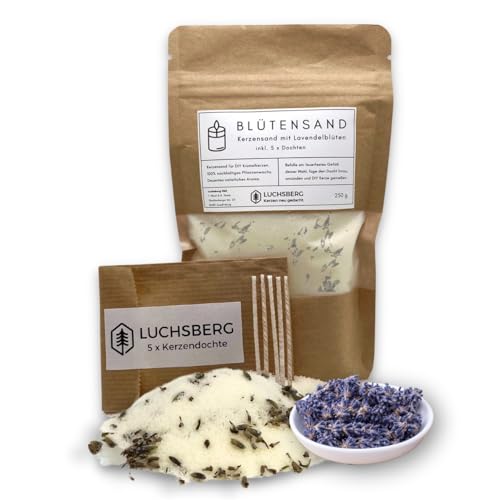 LUCHSBERG® Blütensand | aromatische Blütenkerze selber machen - mit 5 x Kerzendocht und Kerzensand | DIY Kerzen selbst herstellen | Geschenkset mit nachhaltigen Pflanzenwachs & Lavendelblüten