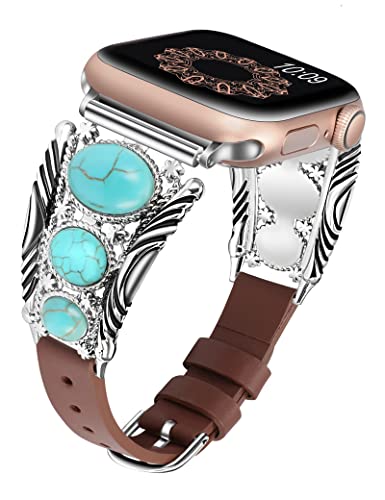 Minyee Lederarmband, kompatibel mit Apple Watch, 49 mm (Ultra), 45 mm, 44 mm, 42 mm, Türkis, Apple Watch-Armbänder für Damen, Vintage-Boho, ethnischer Schmuck-Stil, Armband für iWatch Serie 8, 3, 2