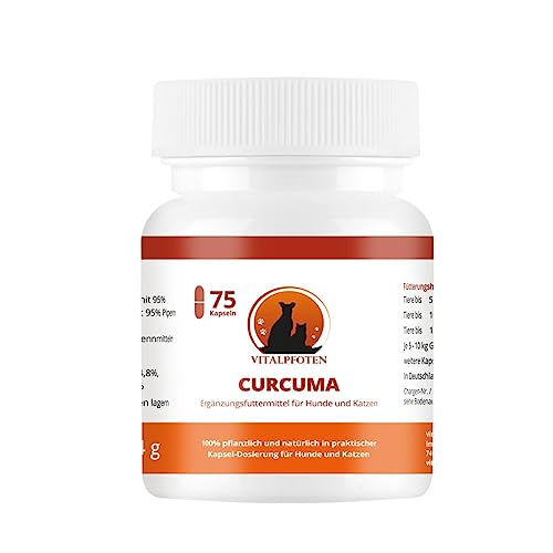 Vitalpfoten 75 Curcuma Kapseln für Hunde und Katzen mit Curcumin und Piperin, Ergänzungsfuttermittel sanfte Dosierung, Herstellung in Deutschland, höchste Reinheit und Qualität