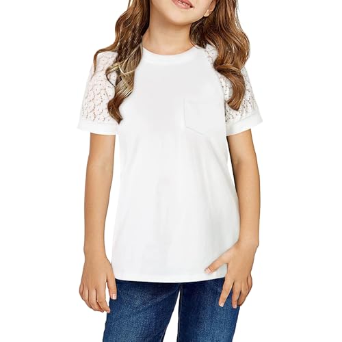 T-Shirt Mädchen Kurzarm Spitze Shirts Sommer Freizeit Shirts Kinder Baumwolle Rundhals Einfarbig Tops