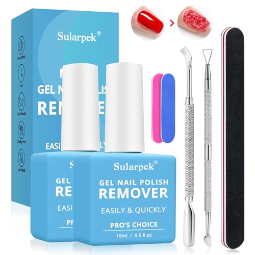 Sularpek 2 Stück 15 ml Nagellackentferner, Shellac Entferner, Gellack Entferner, Gel Remover Nägel mit Nagelfeile, Nagelhautschieber und Nagellackschaber, Einfach und Schnell Gel Nagellack Entfernung