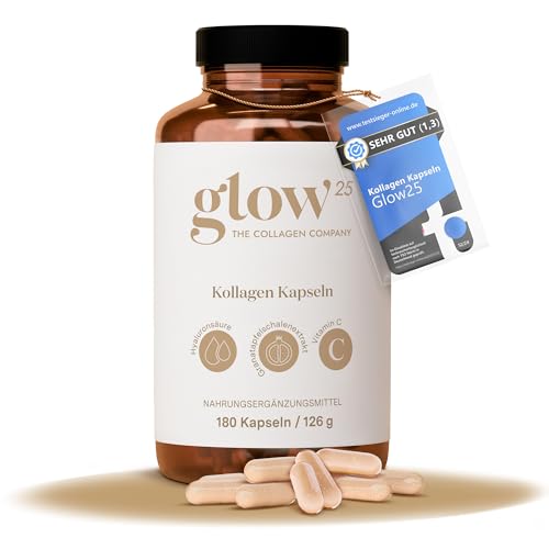 Glow25® Kollagen Kapseln hochdosiert [180 Kapseln] mit Hyaluronsäure und Vitamin C | Premium Collagen Complex | Laborgeprüft | Made in Germany