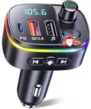 Mohard Bluetooth Adapter Auto, PD 18W&QC3.0 FM Transmitter Auto, 9 RGB Beleuchtungsmodi, 3 USB Anschlüss Auto Ladegerät, Unterstützt Freisprechfunktion, Siri Google Assistant, USB-Disk, Schwarz